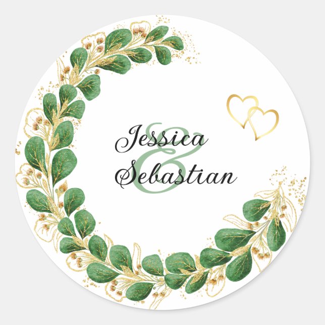 Elegant Emerald Green & Gold Eucalyptus Wedding Classic Round Sticker (Front)