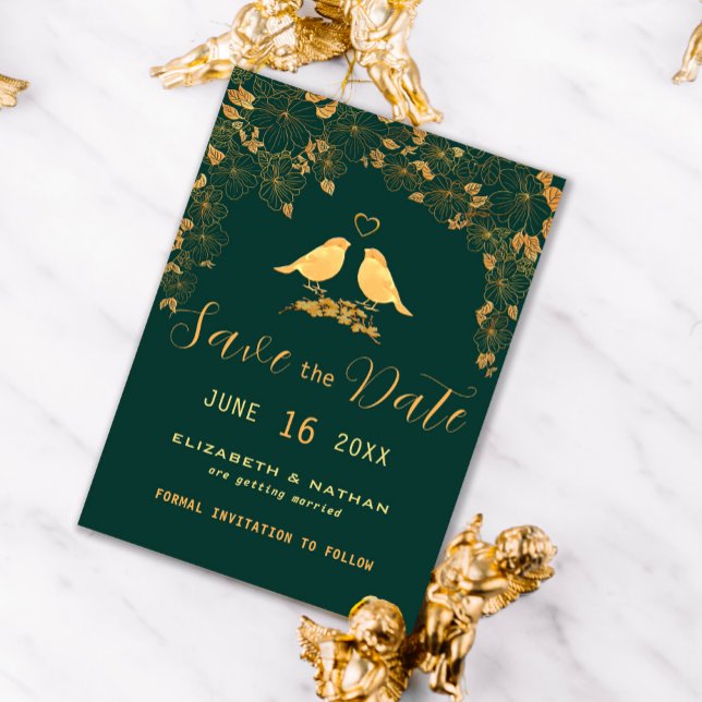 Elegant Emerald Green & Gold Floral Birds Save The Save The Date (Creator Uploaded)