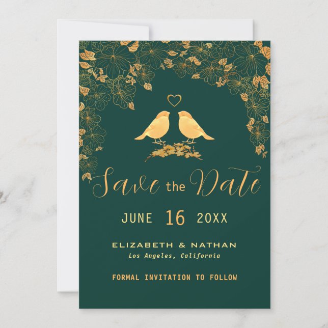 Elegant Emerald Green & Gold Floral Birds Save The Save The Date (Front)