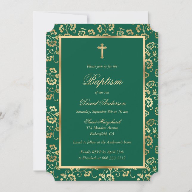 Elegant Emerald Green Gold Floral Boy Baptism Invitation (Front)