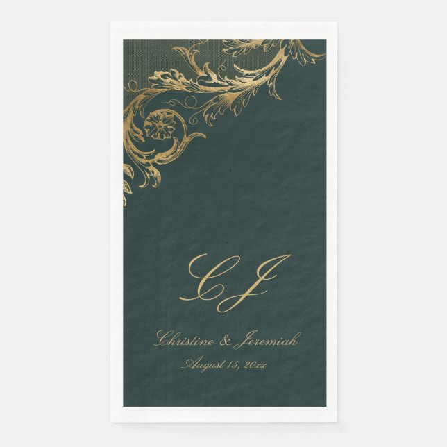 Elegant Emerald Green Gold Floral Damask Wedding Napkin (Front)