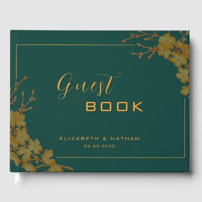 Elegant Emerald Green & Gold Floral Guestbook (Front)