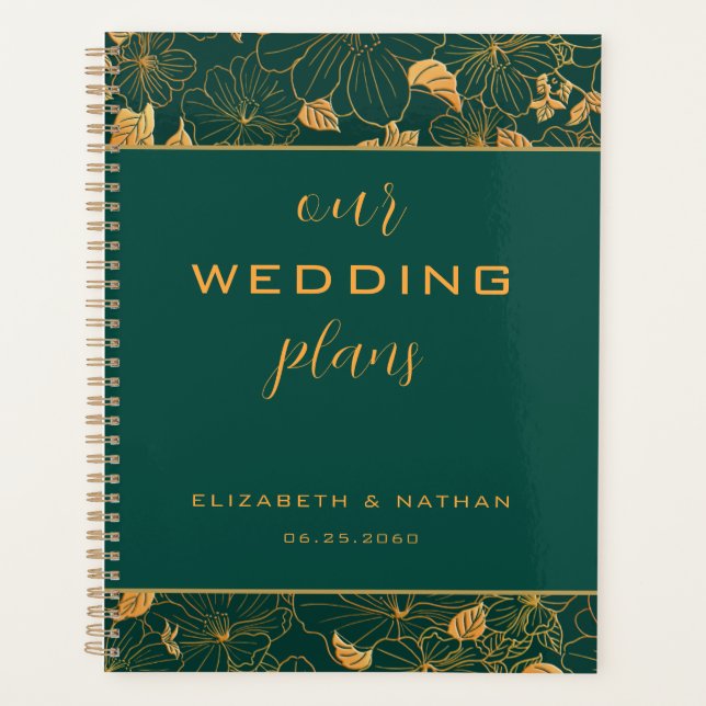 Elegant Emerald Green Gold Floral Pattern Wedding Planner (Front)