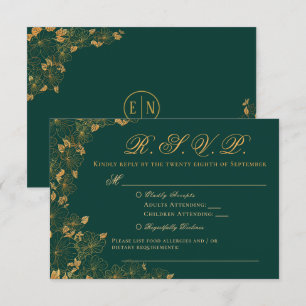 Elegant Emerald Green & Gold Floral RSVP