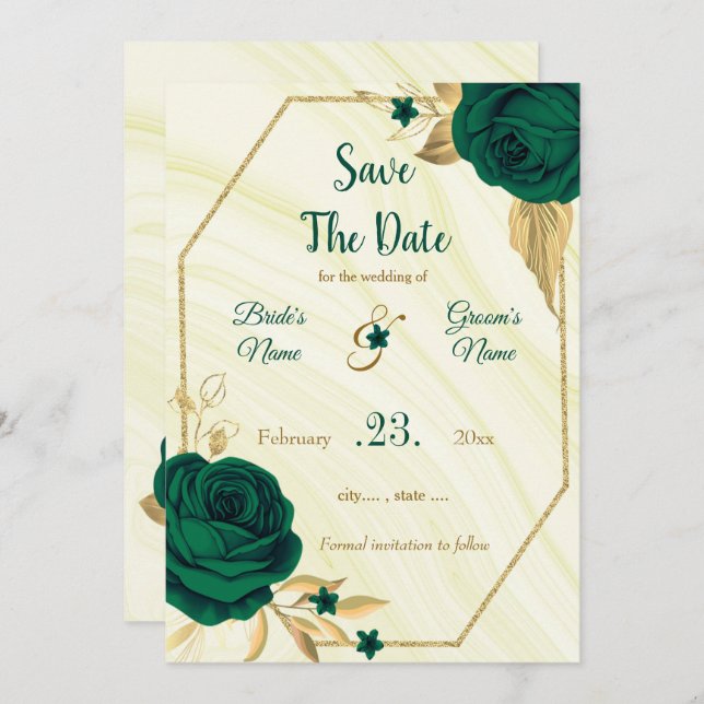 elegant emerald green gold floral save the date (Front/Back)