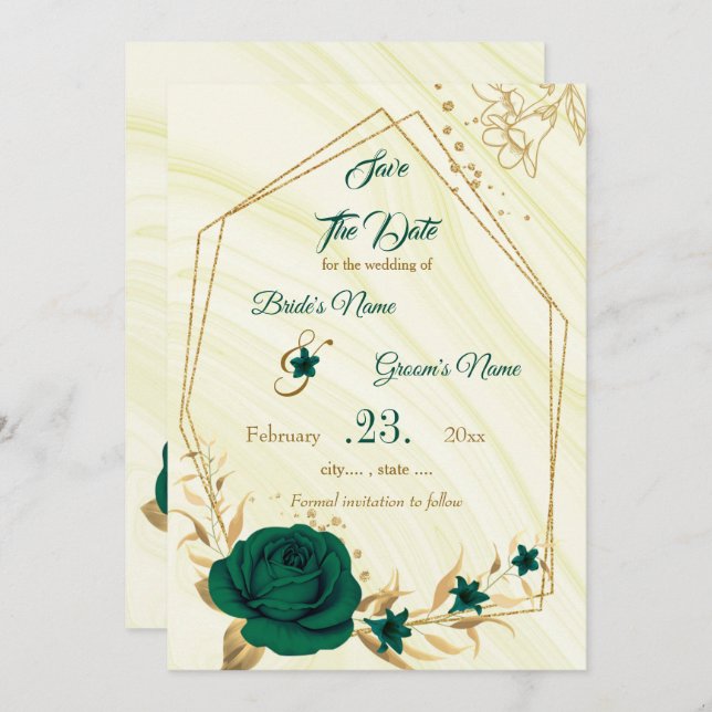 elegant emerald green gold floral save the date (Front/Back)