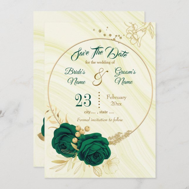 elegant emerald green gold floral save the date (Front/Back)