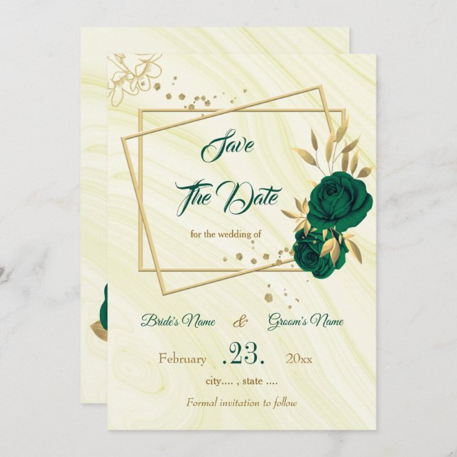 elegant emerald green gold floral save the date (Front/Back)