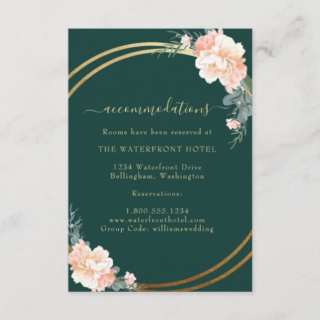 Elegant Emerald Green Gold Floral Wedding Details Enclosure Card (Front)