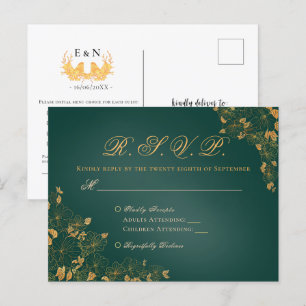 Elegant Emerald Green & Gold Floral Wedding RSVP Postcard
