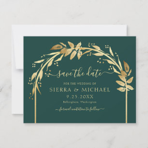 Elegant Emerald Green Gold Foliage Arch Wedding Save The Date