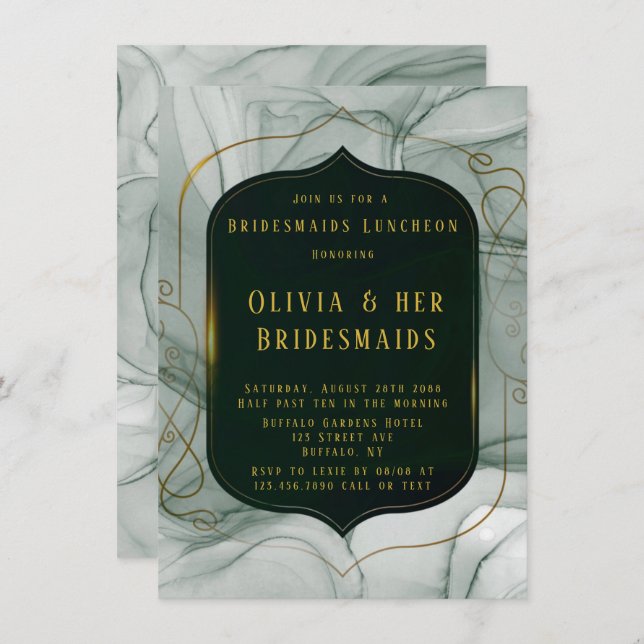 Elegant Emerald Green Gold Frame Brudesmaids Lunch Invitation (Front/Back)