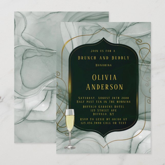 Elegant Emerald Green Gold Frame Brunch & Bubbly  Invitation (Front/Back)