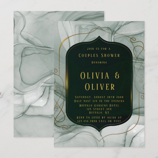 Elegant Emerald Green Gold Frame Couples Shower Invitation (Front/Back)