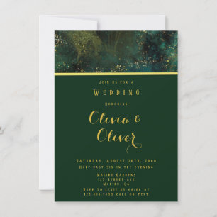 Elegant Emerald Green & Gold Glitter Agate Wedding Invitation