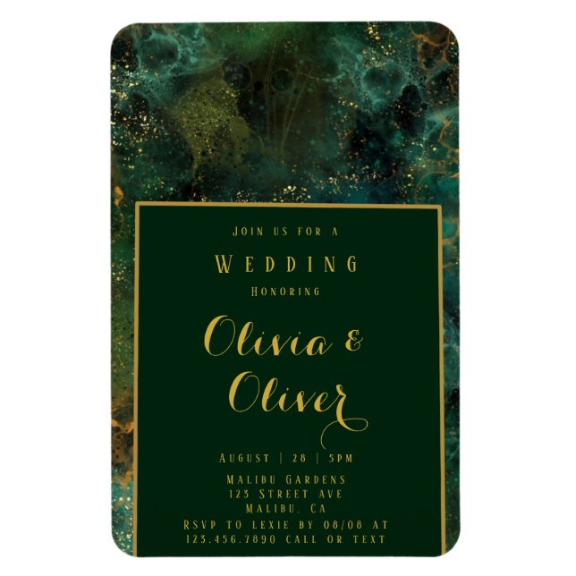 Elegant Emerald Green & Gold Glitter Agate Wedding Magnet (Vertical)