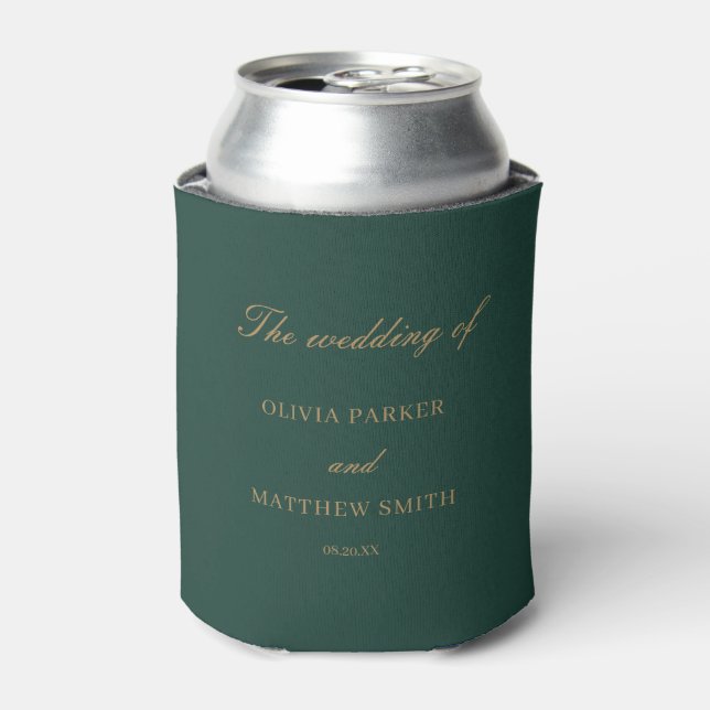 Elegant Emerald Green Gold Minimalist Wedding Can Cooler (Can Front)