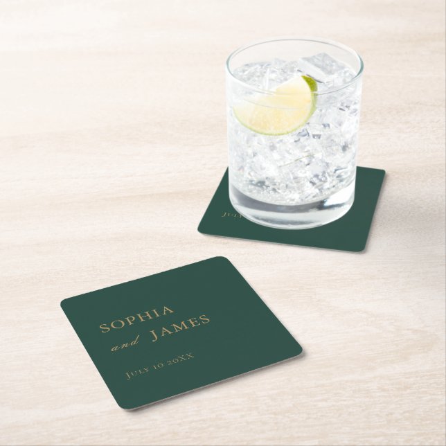 Elegant Emerald Green Gold Minimalist Wedding Square Paper Coaster (Insitu)