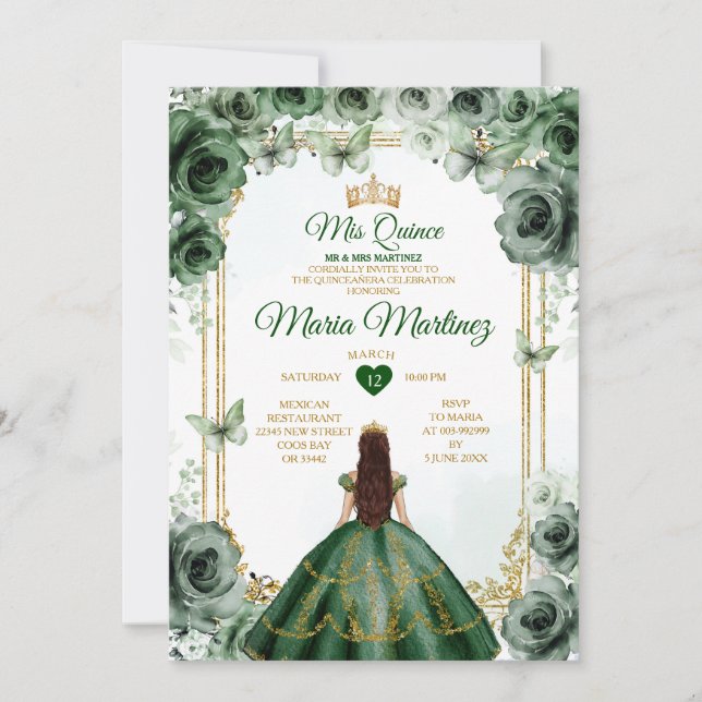Elegant Emerald Green & Gold Mis Quince Sweet 16th Invitation (Front)
