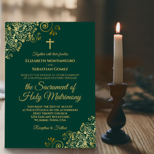 Elegant Emerald Green Gold Modern Catholic Wedding Invitation