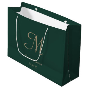 Elegant Emerald Green Gold Monogram Name Wedding  Large Gift Bag