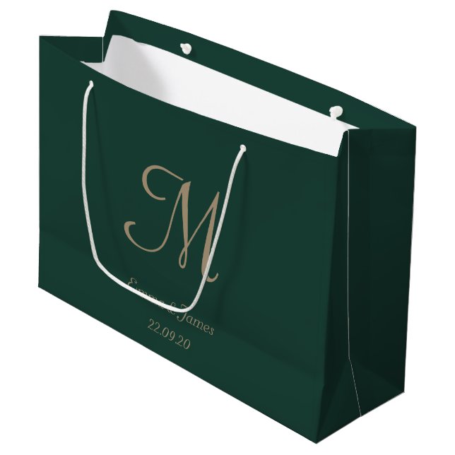 Elegant Emerald Green Gold Monogram Name Wedding  Large Gift Bag (Front Angled)