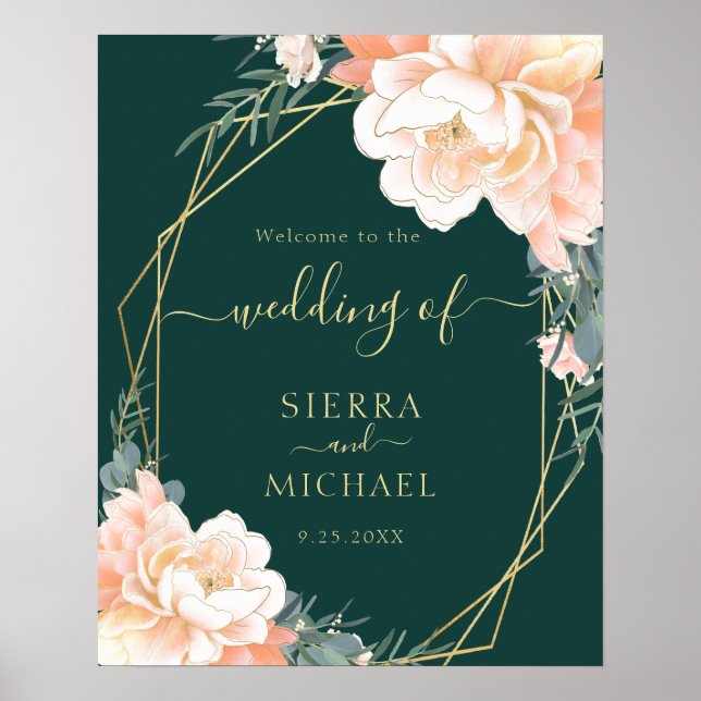 Elegant Emerald Green Gold Peach Floral Wedding Poster (Front)