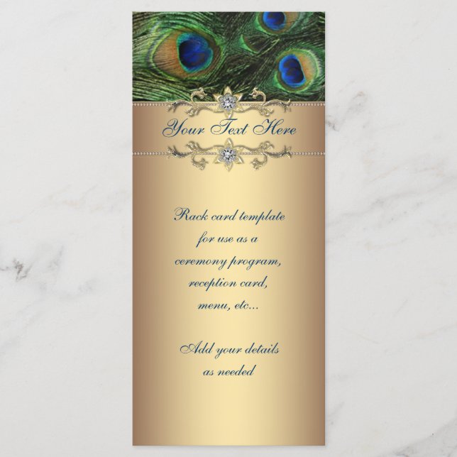 Elegant Emerald Green Gold Peacock Rack Card (Front)