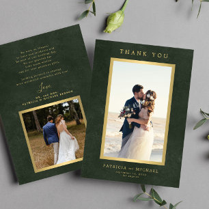 Elegant emerald green gold photo wedding  thank you card