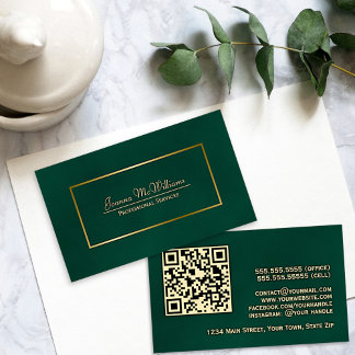 Elegant Emerald Green & Gold Professional QR Code Business Card