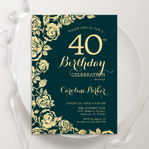 Elegant Emerald Green Gold Roses 40th Birthday Invitation