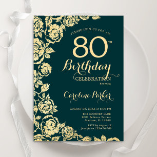 Elegant Emerald Green Gold Roses 80th Birthday Invitation