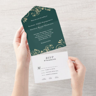 Elegant  Emerald Green Gold Swirl Wedding All In One Invitation