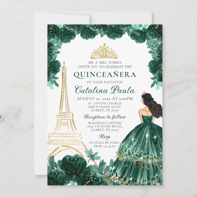Elegant Emerald Green Gold Tiara Paris Quinceañera Invitation (Front)
