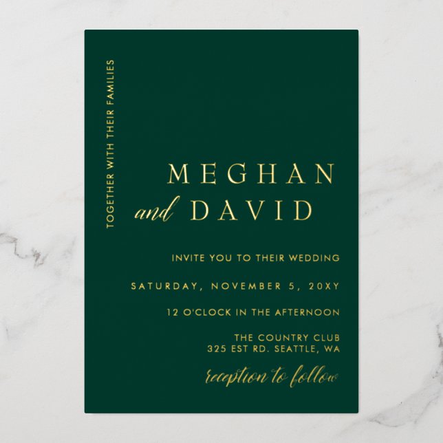 Elegant Emerald Green Gold Wedding  Foil Invitatio (Front)