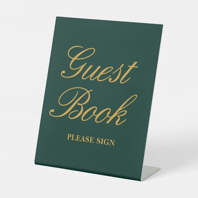 Elegant Emerald Green Gold Wedding Guest Book Pedestal Sign (Front)