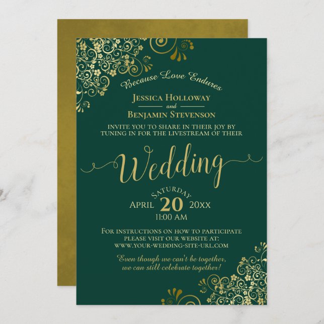 Elegant Emerald Green & Gold Wedding Livestream Invitation (Front/Back)