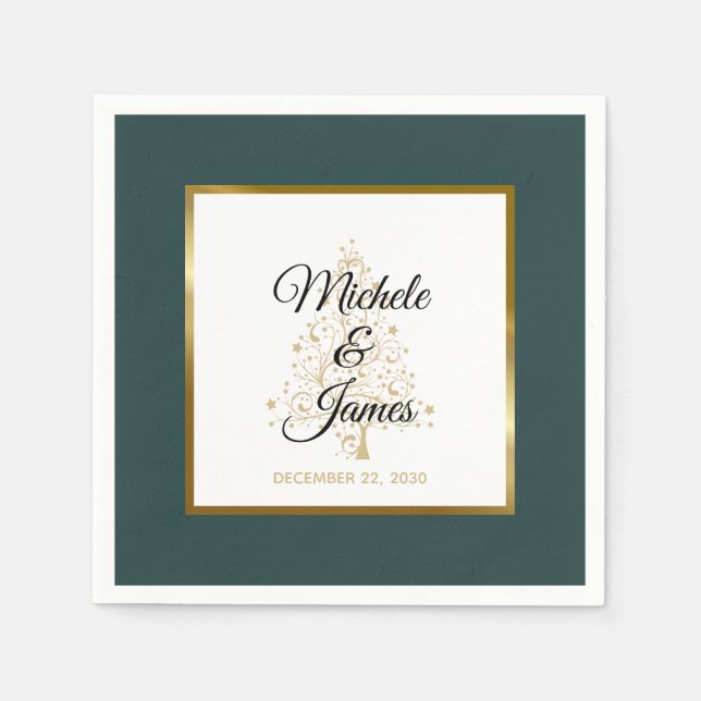 Elegant Emerald Green Gold Winter Holiday Wedding Napkin (Front)