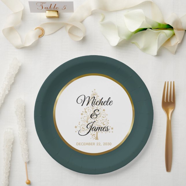 Elegant Emerald Green Gold Winter Holiday Wedding Paper Plate (Wedding)