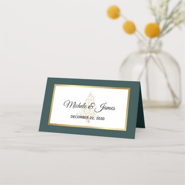 Elegant Emerald Green Gold Winter Holiday Wedding Place Card (Front)