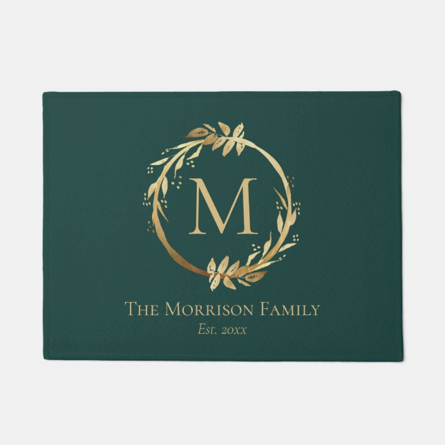 Elegant Emerald Green Gold Wreath Family Monogram Doormat (Front)