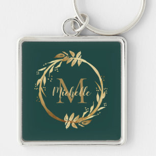 Elegant Emerald Green Gold Wreath Name Monogram Key Ring