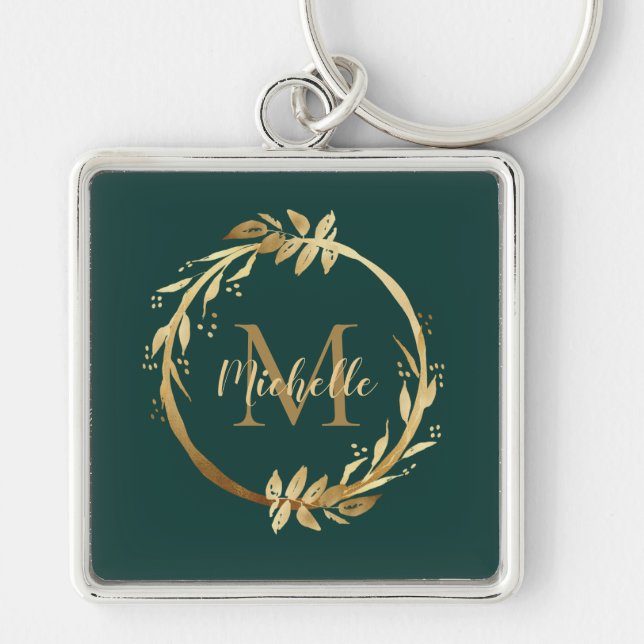Elegant Emerald Green Gold Wreath Name Monogram Key Ring (Front)