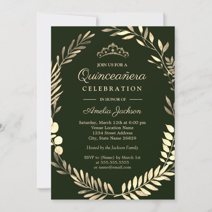 Elegant Emerald Green Gold Wreath Quinceanera Invitation Zazzle