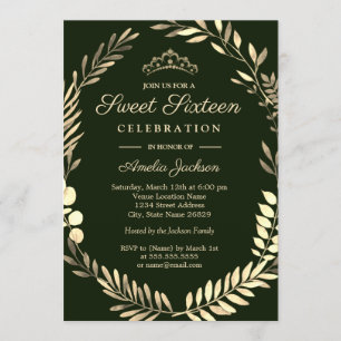 Elegant Emerald Green Gold Wreath Sweet Sixteen Invitation