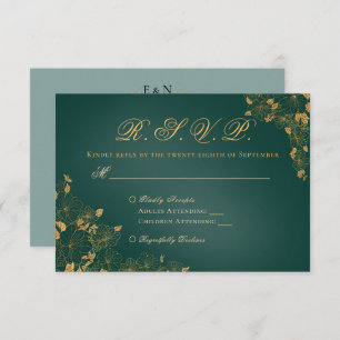 Elegant Emerald Green Golden Foliage Birds Initial RSVP Card
