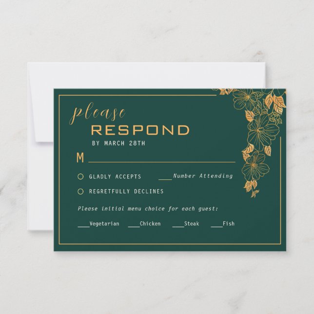 Elegant Emerald Green Golden Foliage  RSVP Card (Front)