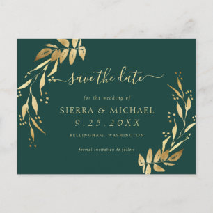 Elegant Emerald Green Golden Foliage Save the Date Announcement Postcard