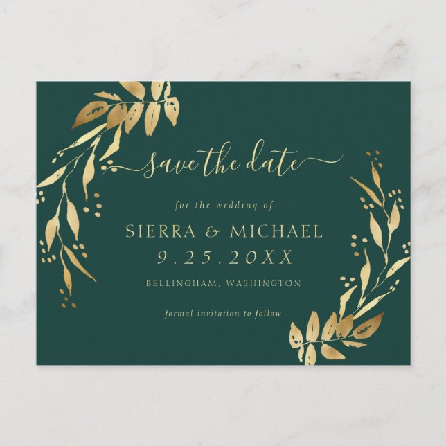 Elegant Emerald Green Golden Foliage Save the Date Announcement Postcard (Front)