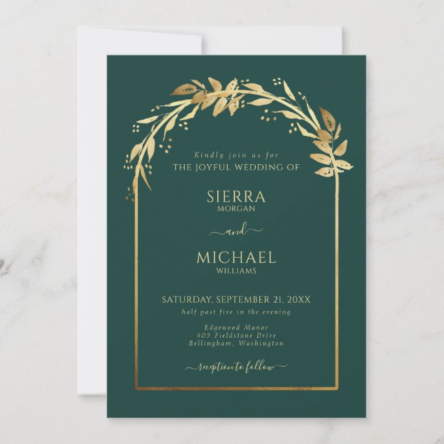 Elegant Emerald Green Golden Foliage Wedding Arch Invitation (Front)